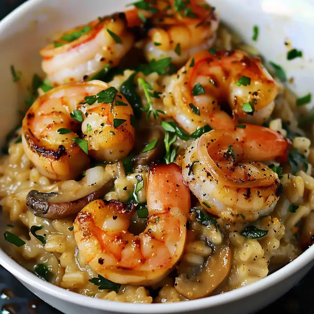 Eine Schüssel cremiges Risotto mit gegrillten Garnelen und Pilzen, garniert mit frischer Petersilie.