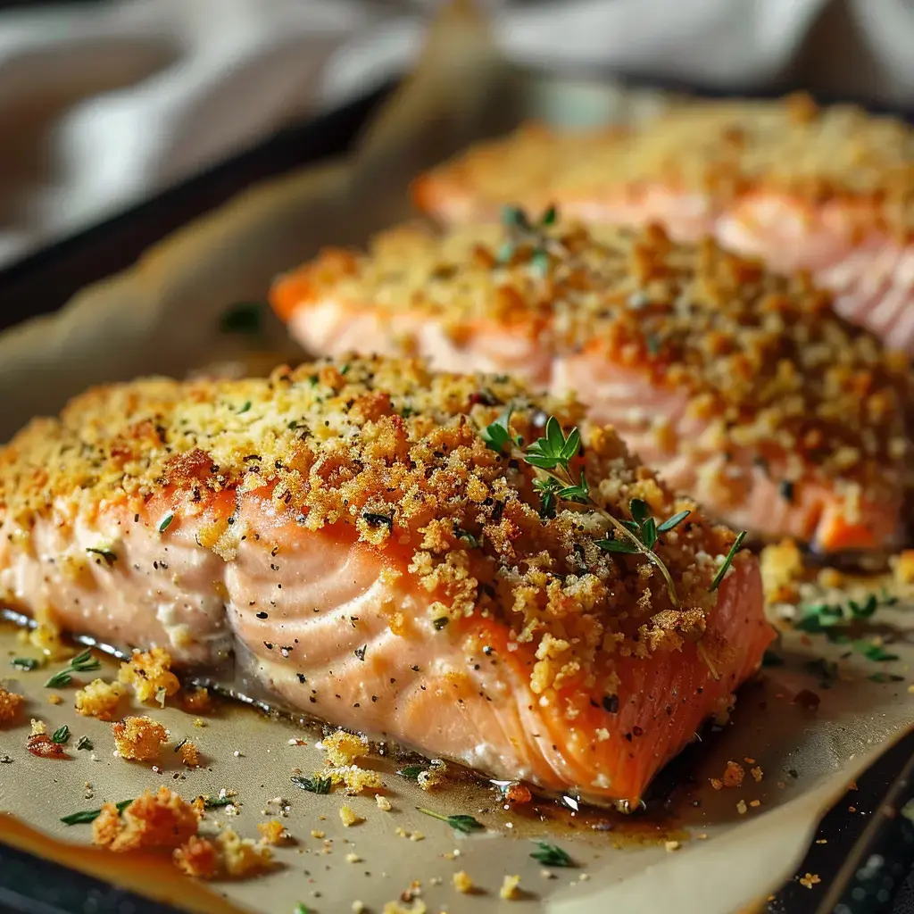 Knusprig überbackene Lachsfilets mit Kräuterkruste, ofengebacken und mit frischen Kräutern garniert.