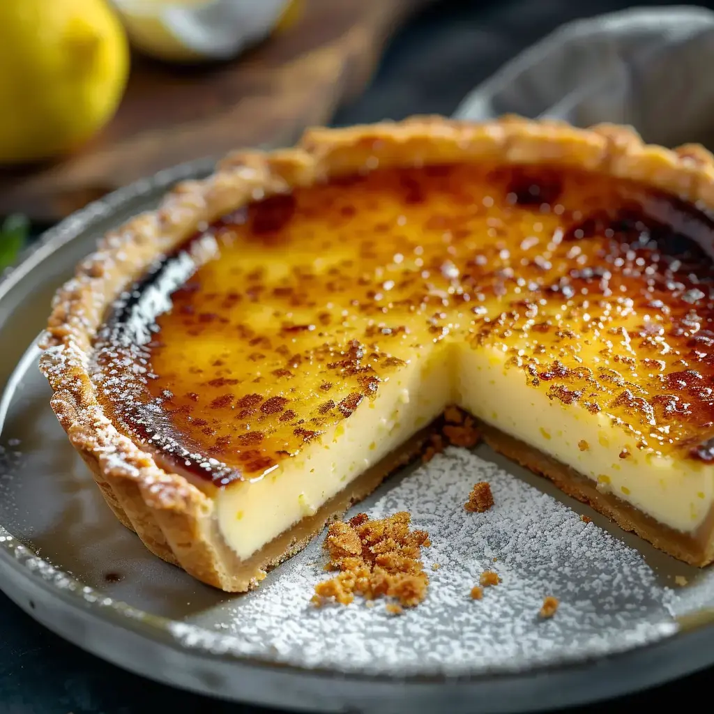 Eine cremige Crème Brûlée Tarte mit goldbrauner Kruste, karamellisierter Zuckerdecke und Puderzucker-Dekoration