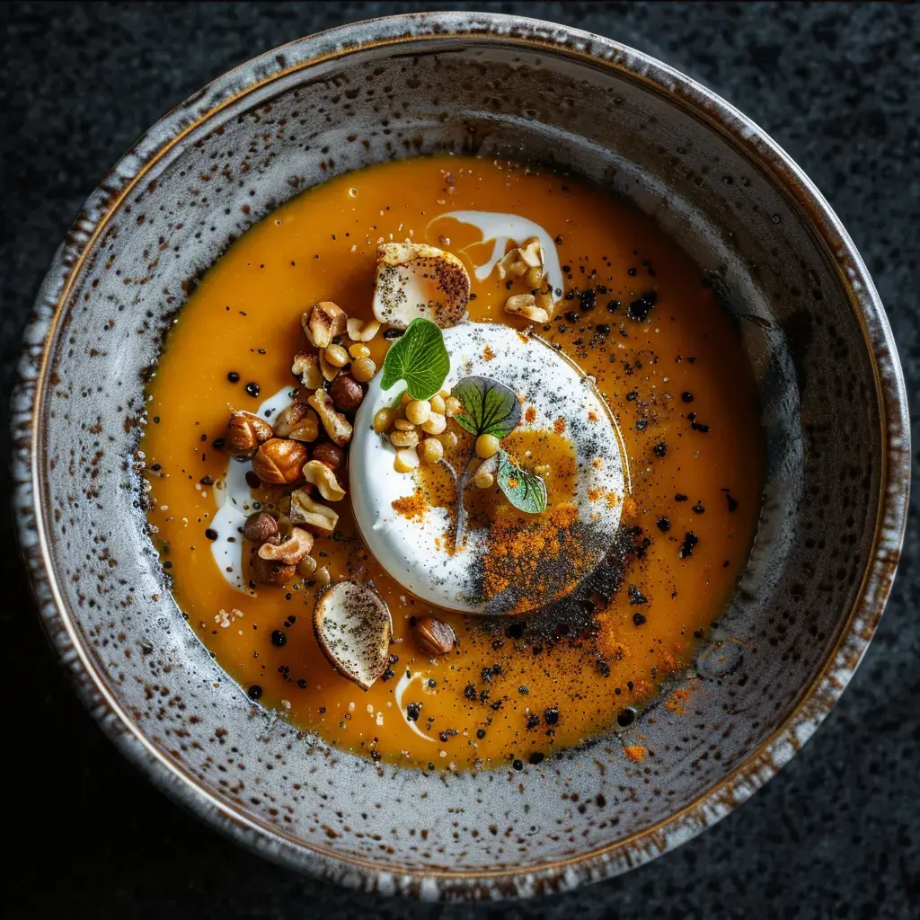 Eine Kürbissuppe serviert mit Sahne, gerösteten Nüssen, Samen und frischen Kräutern in einer stilvollen Schale.