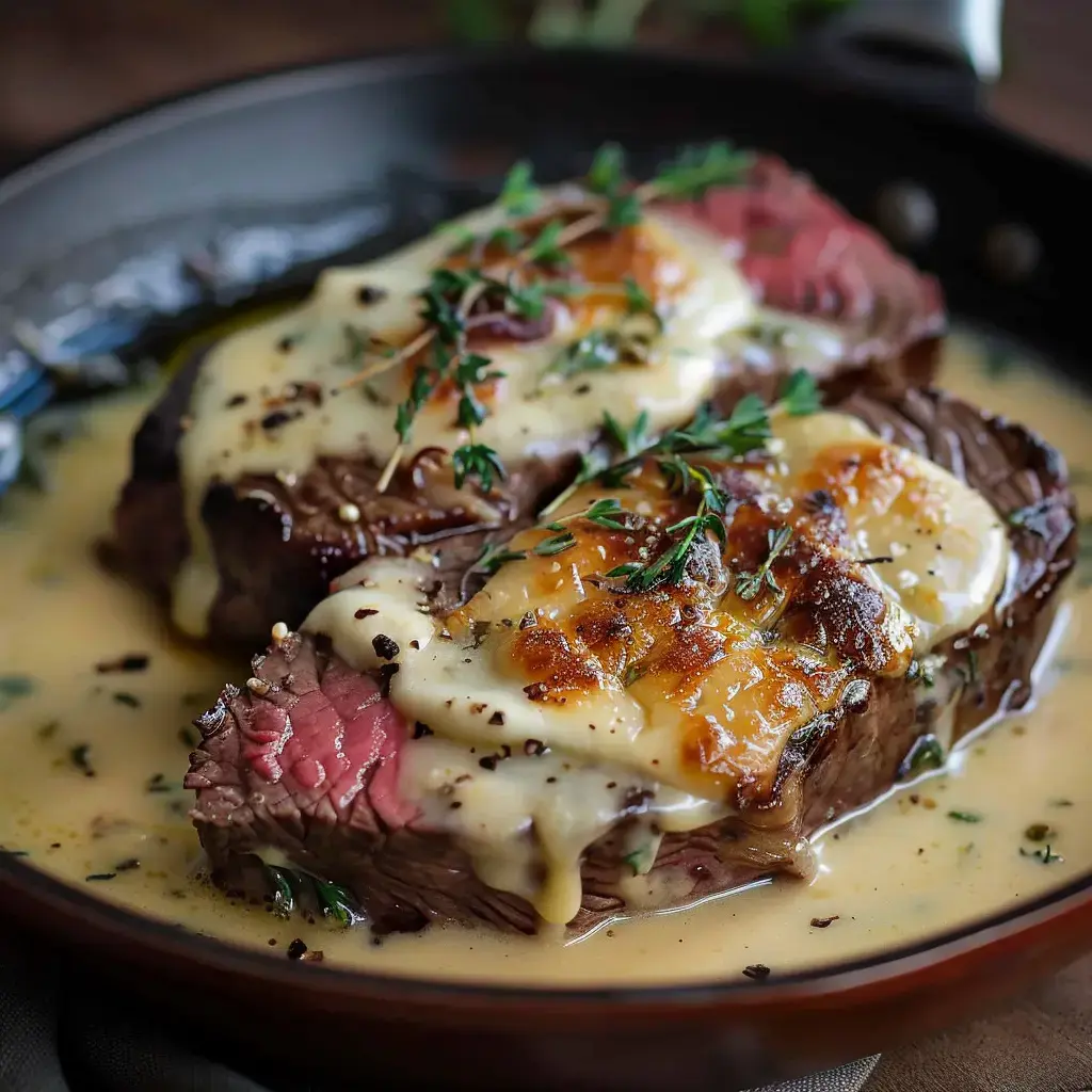 Zwei saftige Rindfleischscheiben, mit cremiger Sauce überzogen und mit frischem Thymian garniert, in einer Pfanne serviert.