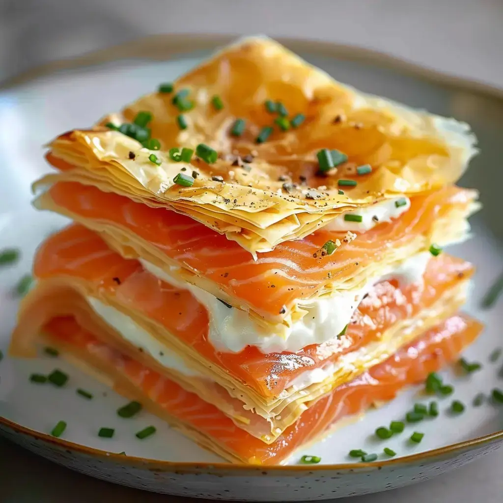 Ein Mille-feuille aus feinen Filoteigschichten mit geräuchertem Lachs und Crème, garniert mit Schnittlauch und Pfeffer.