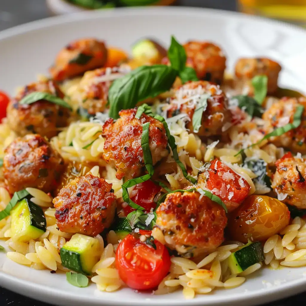Ein Teller Orzo-Nudeln garniert mit Hackbällchen, Kirschtomaten, Zucchini und Basilikum.