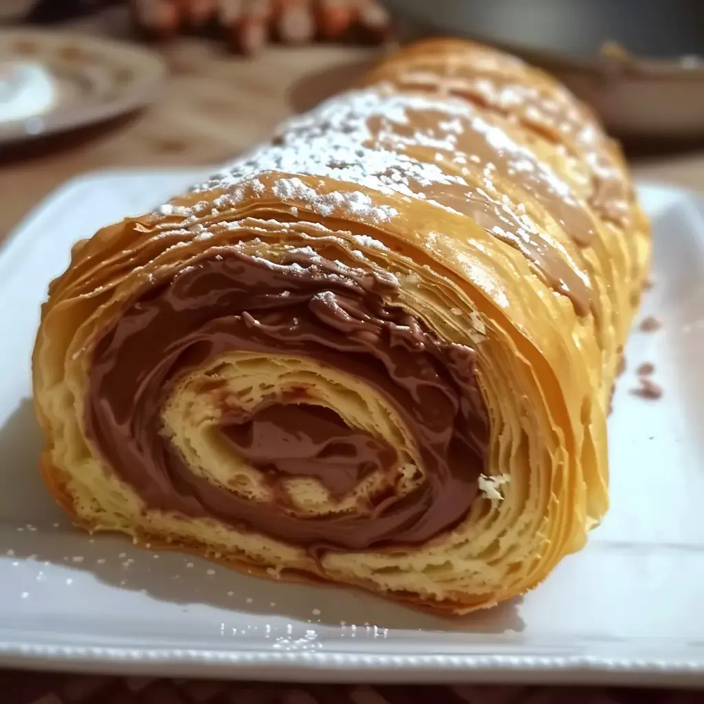 Eine saftige Biskuitrolle gefüllt mit Schokoladencreme und mit Puderzucker bestäubt.