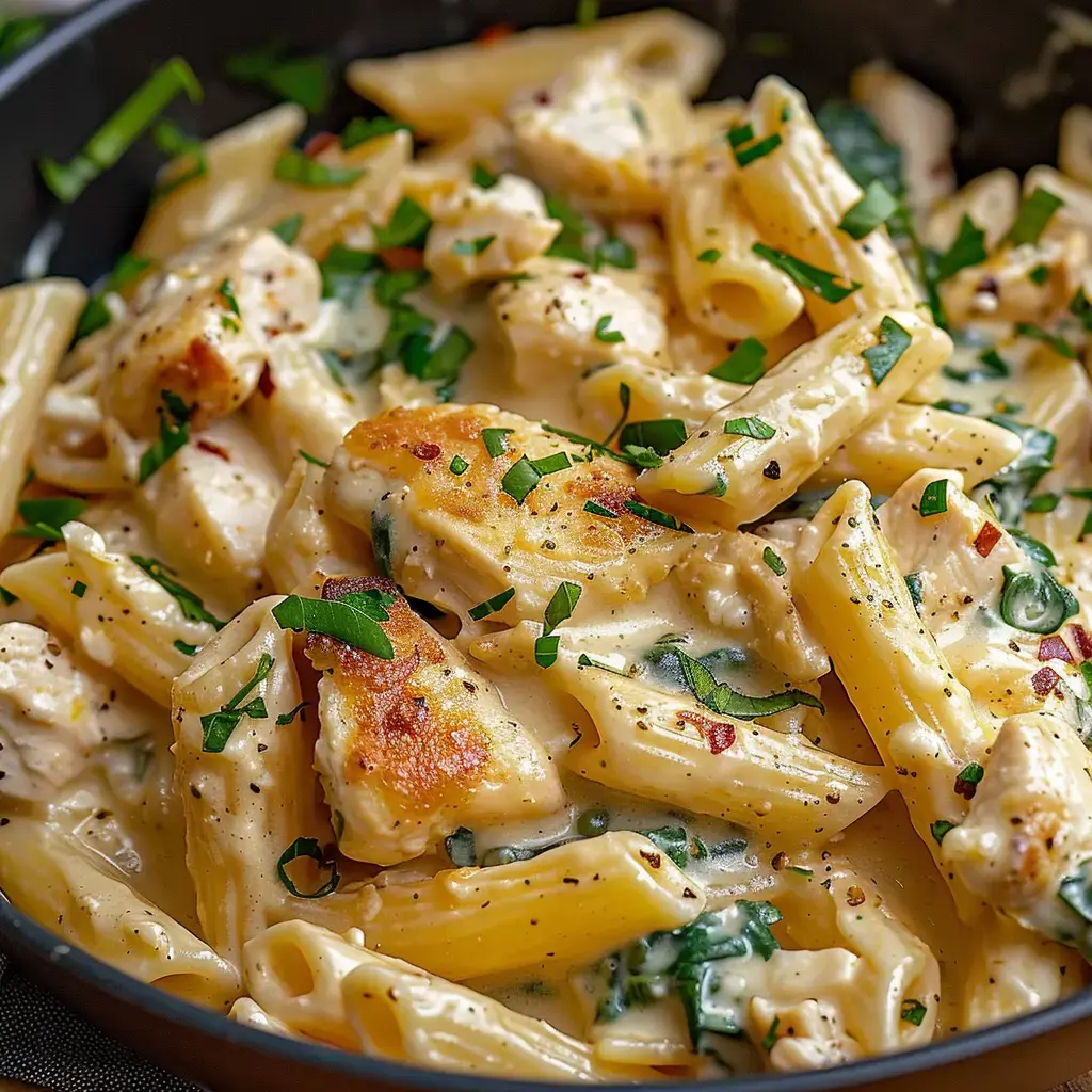 Cremige Pasta mit gegrilltem Hähnchen und Spinat, garniert mit frischer Petersilie.