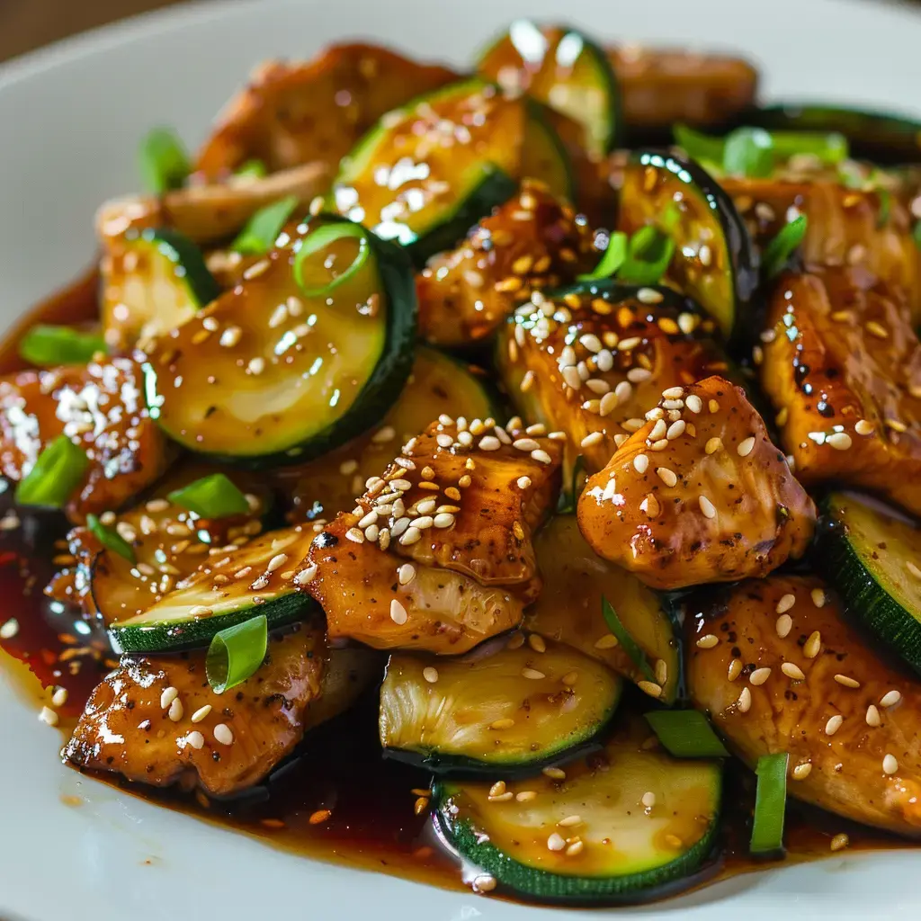 Ein schmackhaftes Gericht aus gebratenem Hähnchen mit Zucchini, bestreut mit Sesamsamen und Frühlingszwiebeln.