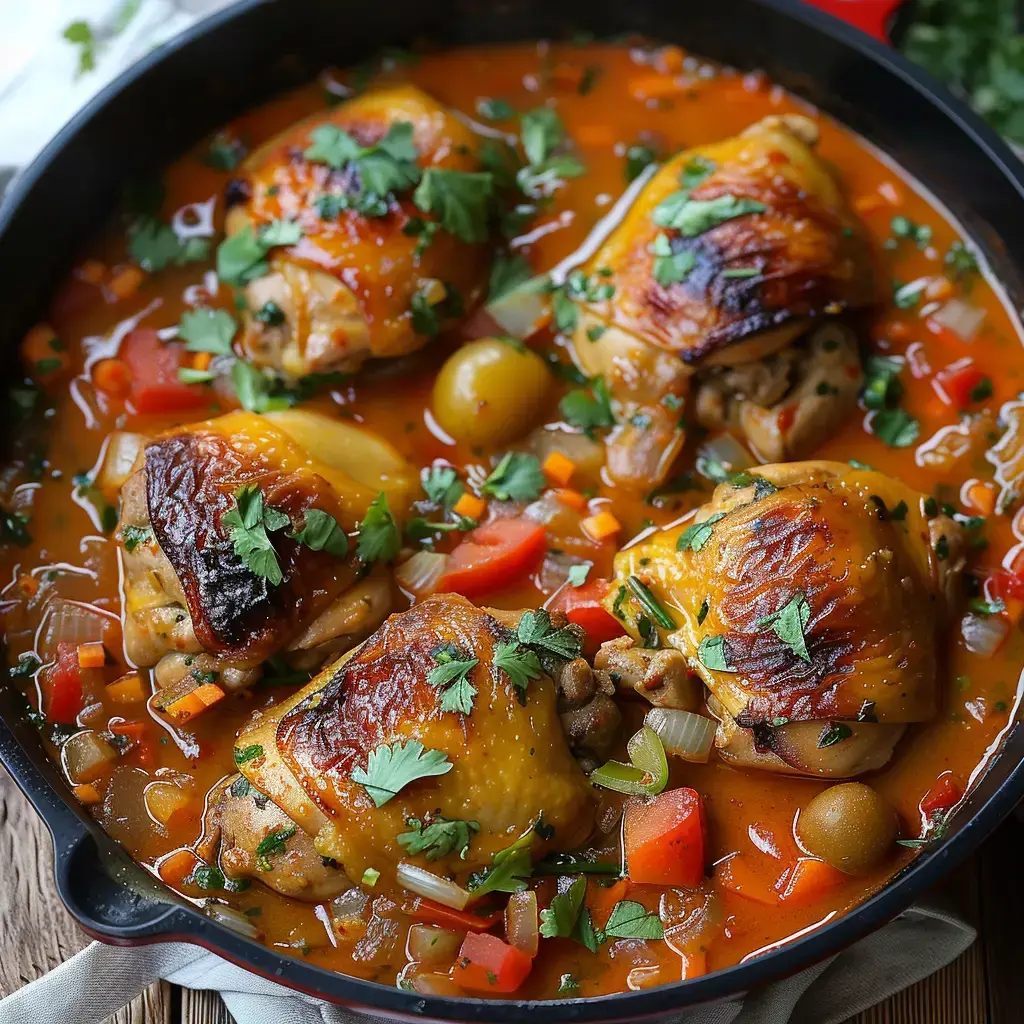 Gericht aus geschmorten Hähnchenkeulen in Tomatensauce mit buntem Gemüse und Korianderblättern garniert.
