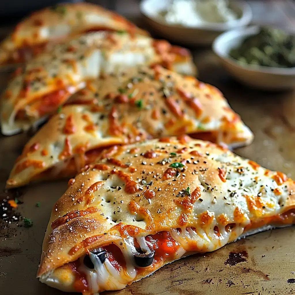 Vier goldbraune gefüllte Calzones, begleitet von kleinen Schälchen mit weißen Soßen und Kräutern.