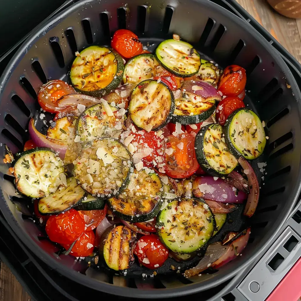 Gegrilltes Gemüse mit Zucchini, Kirschtomaten und Zwiebeln im Korb einer Heißluftfritteuse, mit Käse bestreut.