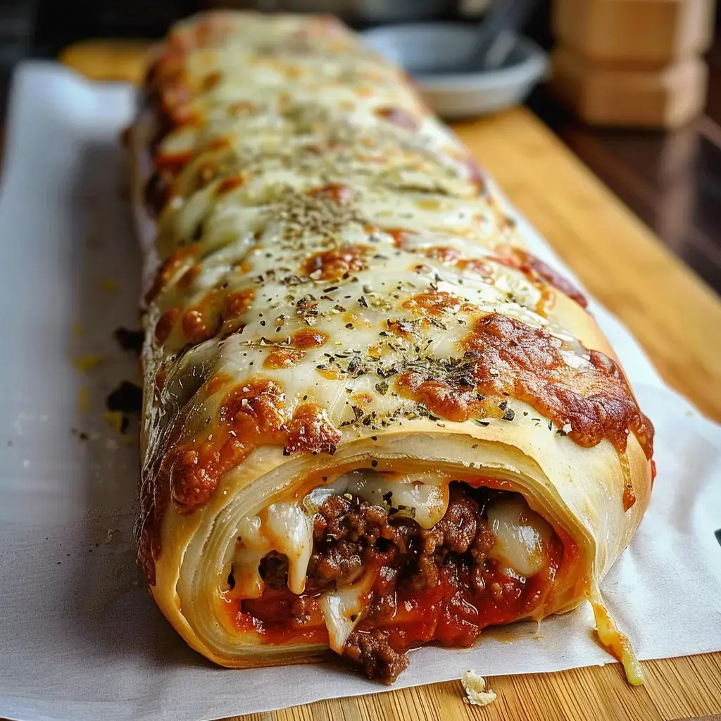 Eine gefüllte Teigröllchen mit Rinderhackfleisch, geschmolzenem Käse und Kräutern, auf einem Holzbrett serviert.