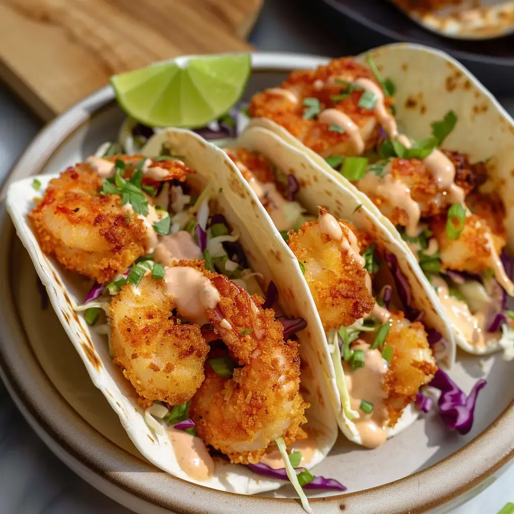 Panierte Garnelen-Tacos mit Gemüse und cremiger Soße, dazu ein Limettenstück.