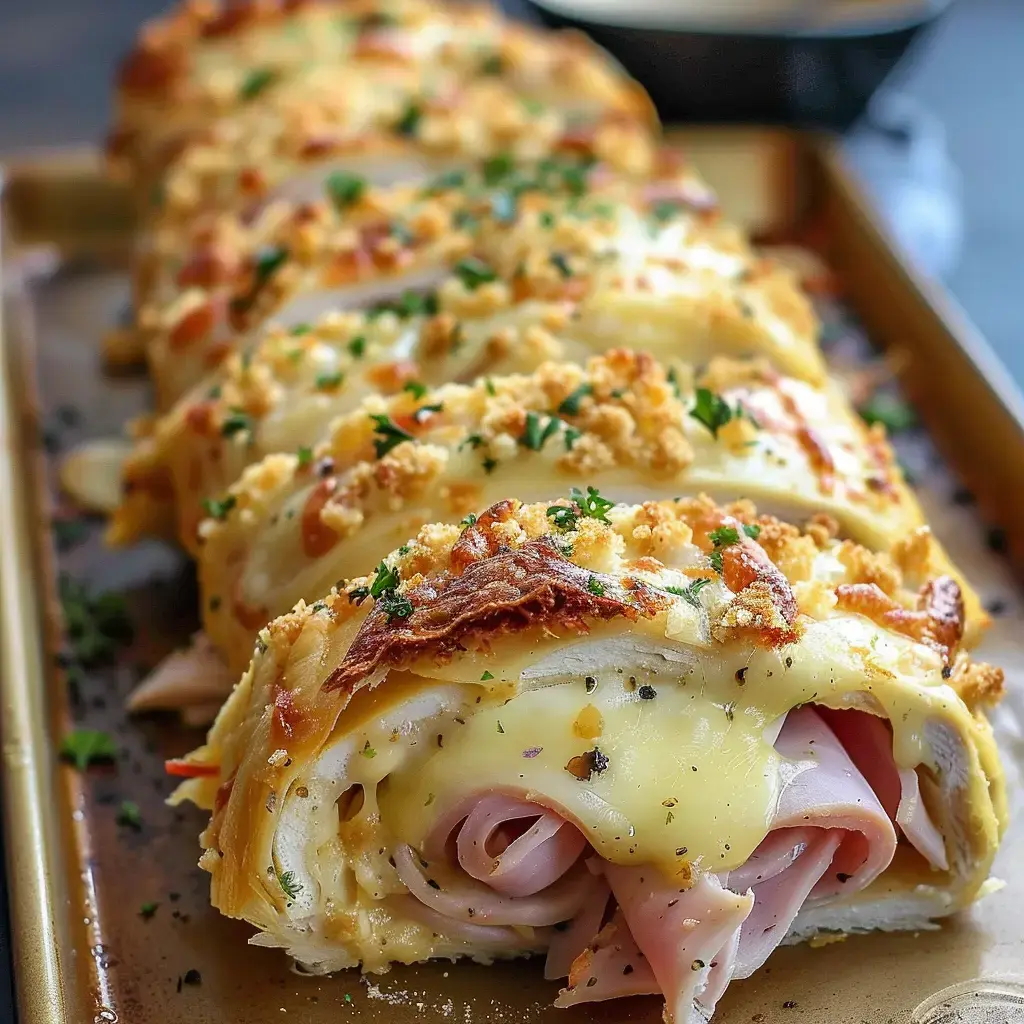 Gerolltes Brot gefüllt mit Schinken und Käse, bedeckt mit goldenen Bröseln und Petersilie.