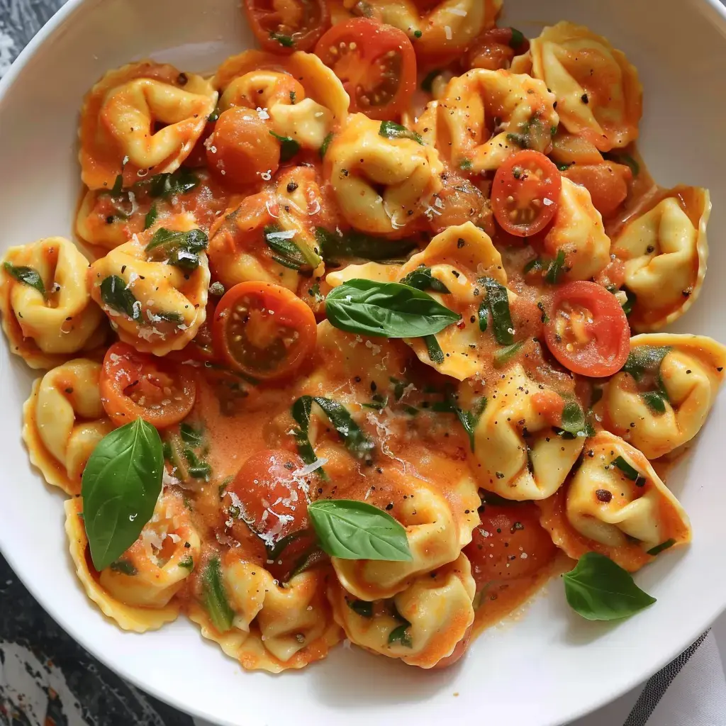 Ein Teller mit Tortellini, halbierten Kirschtomaten und Basilikumblättern in einer cremigen Tomatensauce.