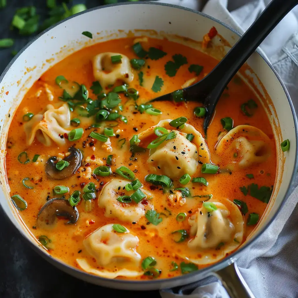 Eine cremige Suppe mit Maultaschen, Pilzen und Frühlingszwiebeln, garniert mit frischem Koriander.