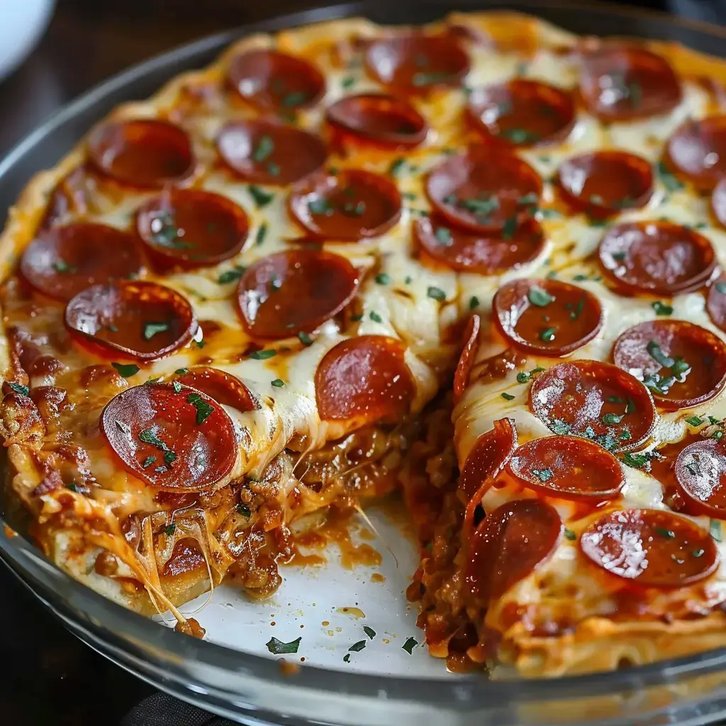 Eine Pepperoni-Pizza mit schmelzendem Käse und Kräutern, bei der ein Stück herausgeschnitten ist.
