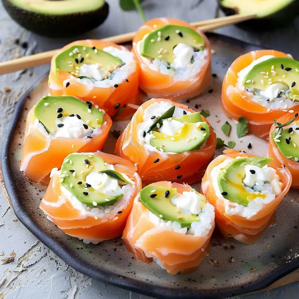 Sushi-Rollen aus frischem Lachs, Avocado und Reis, garniert mit Sahne und Sesamsamen, auf einem Teller angerichtet.