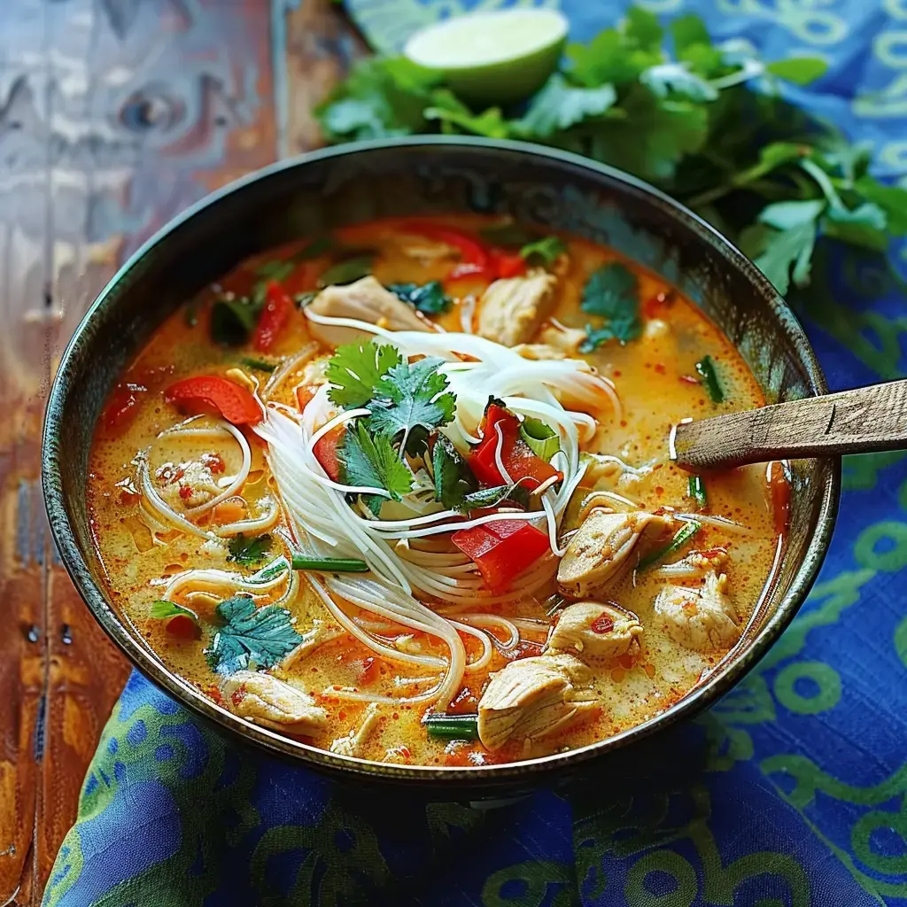 Eine Schüssel Nudelsuppe mit Hähnchen, Paprika und Koriander, serviert mit einem Limettenstück.