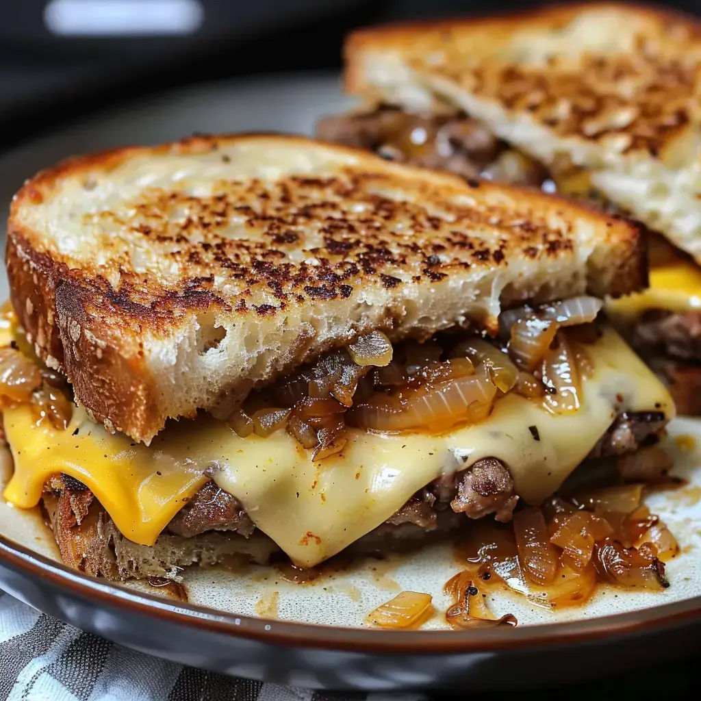 Ein getoastetes Sandwich mit Fleisch, geschmolzenem Käse und karamellisierten Zwiebeln wird auf einem Teller präsentiert.