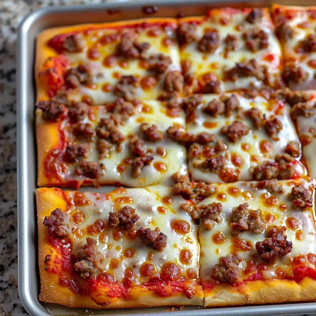 Eine quadratische Pizza mit geschmolzenem Käse und Hackfleischstücken belegt.