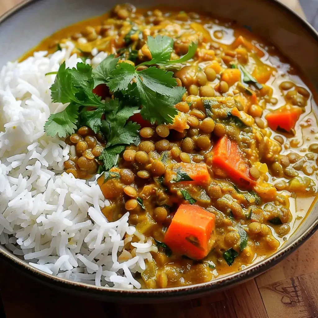 Eine Schale Basmatireis serviert mit würzigem Linsen-Curry, verfeinert mit Karotten und frischer Koriander-Deko.