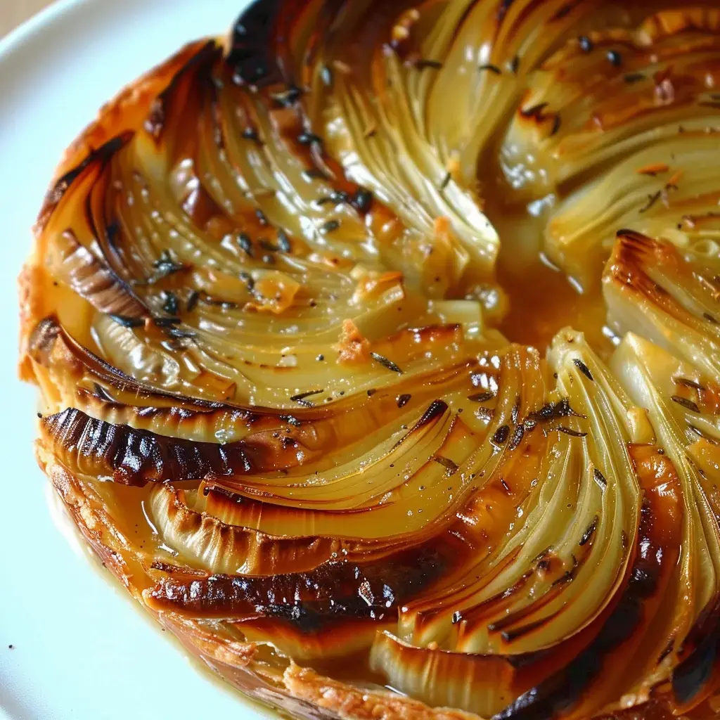 Endivien-Tarte mit frischem Ziegenkäse auf einem Teller serviert.