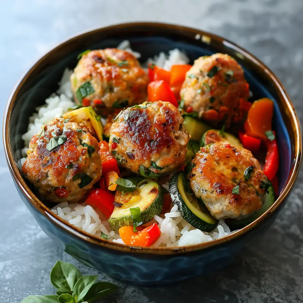 Eine Schüssel mit Reis, garniert mit zarten Fleischbällchen und buntem Gemüse wie Zucchini und Paprika.