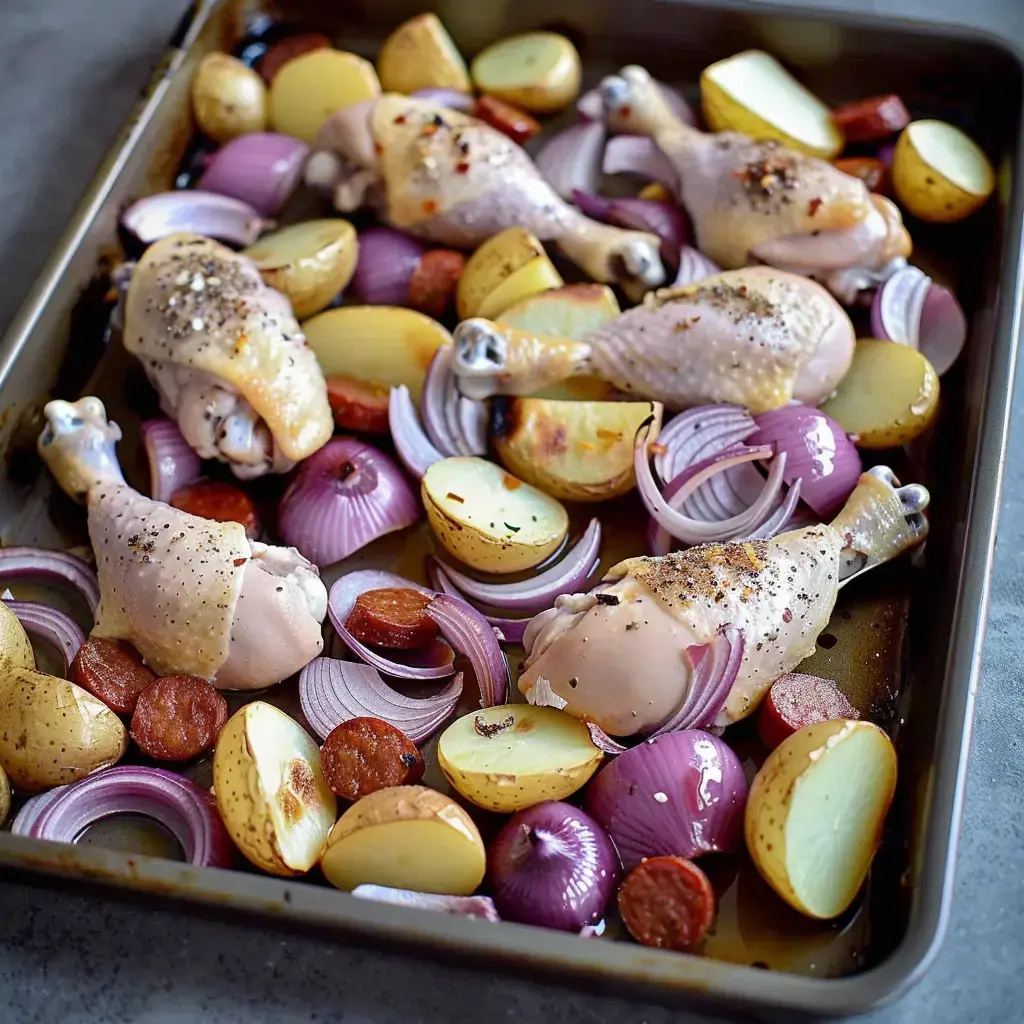 Hähnchenschenkel gebacken mit Kartoffeln und roten Zwiebeln in einer Auflaufform.