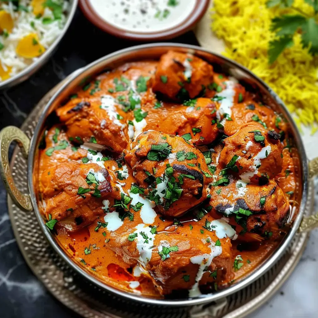 Ein Teller mit cremigem Curry-Huhn, garniert mit frischer Koriander und serviert mit gelbem Reis.