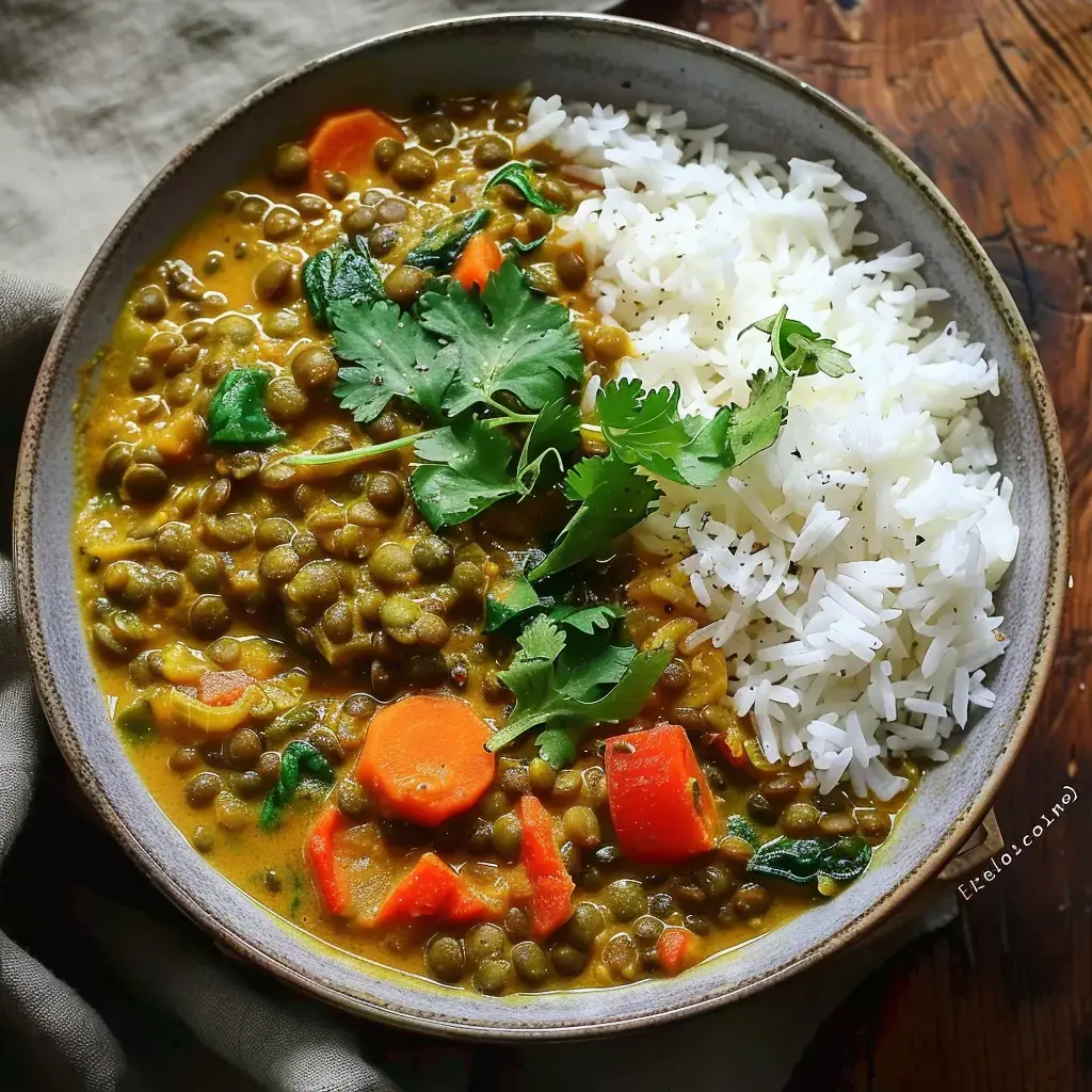 Eine Schüssel mit Berglinsen-Curry, Karotten und Spinat, serviert mit Basmatireis und frischem Koriander.