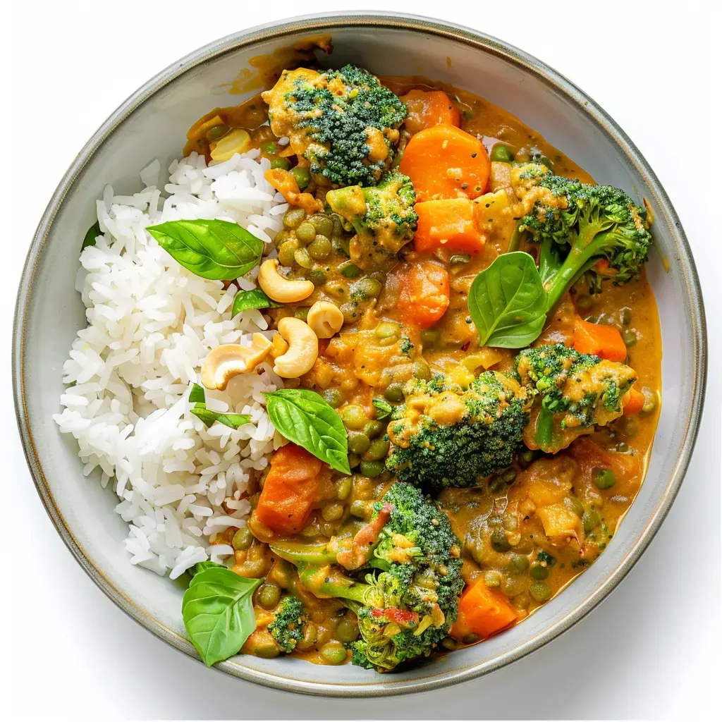 Vegetarisches Curry mit Brokkoli, Möhren, roten Linsen und Cashewkernen auf Basmatireis, garniert mit Basilikum