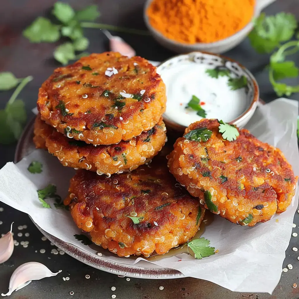 Goldbraun gebratene Quinoa-Puffer, serviert mit Joghurt und Gewürzen im Hintergrund