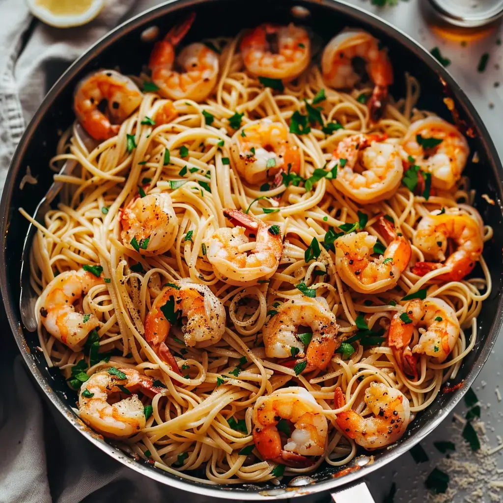 Garnelen-Pasta mit frischer Petersilie, angerichtet in einer Pfanne.