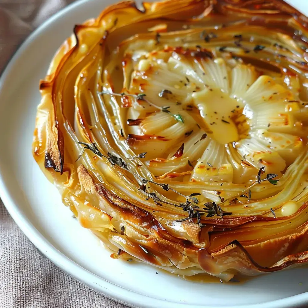 Eine Tarte mit karamellisierten Zwiebeln, in wellenförmigen Schichten angerichtet und mit Thymian garniert auf einem weißen Teller.