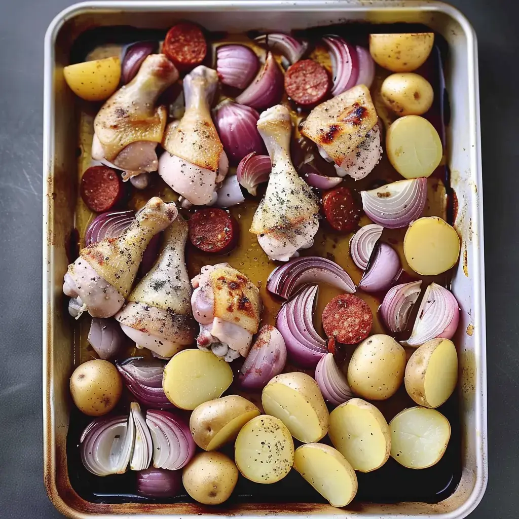 Ofenblech mit gebratenen Hähnchenkeulen, Chorizo, roten Zwiebeln und goldbraunen Kartoffeln.