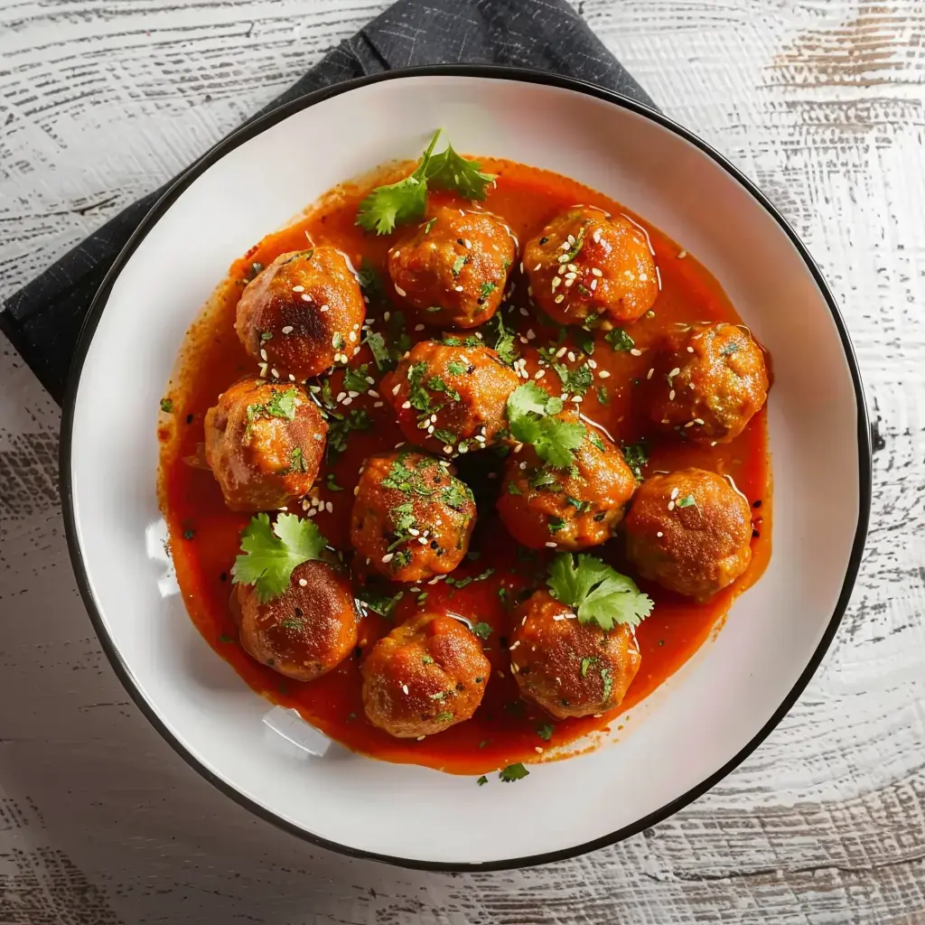 Fleischbällchen in Tomatensauce, garniert mit Koriander und Sesam, serviert in einem weißen Teller.