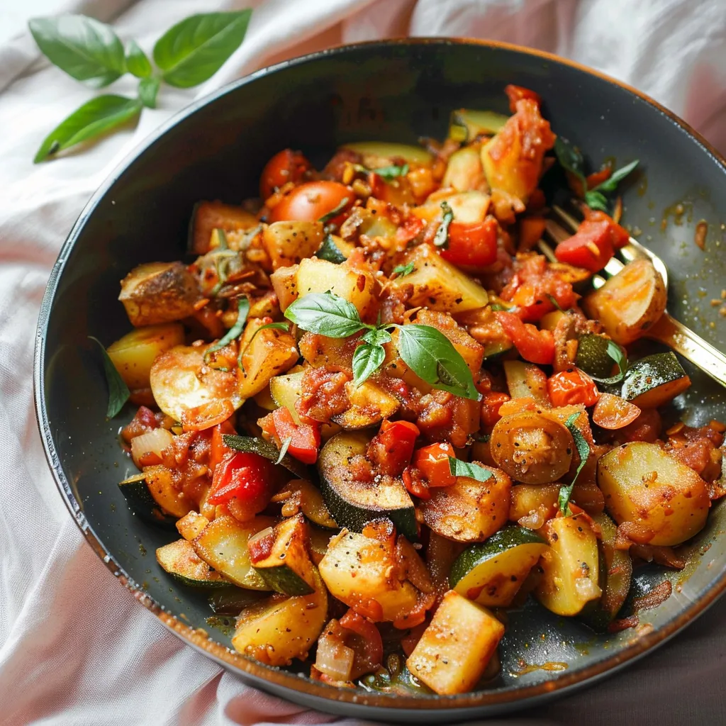 Gebratene Kartoffeln, Zucchini & Tomaten