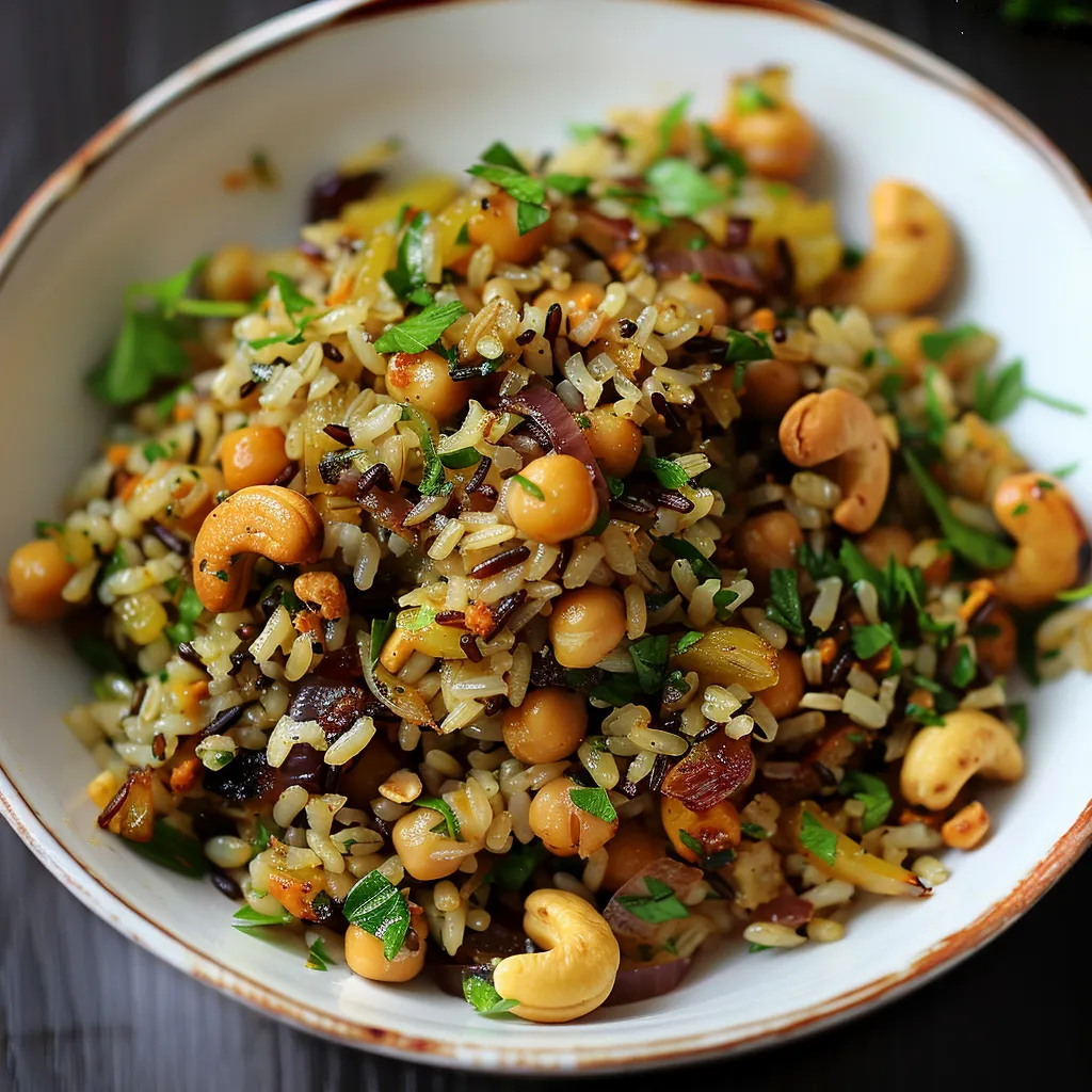 Gewürzter Wildreis mit Kichererbsen, Cashewkernen und Röstzwiebeln