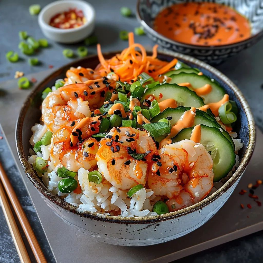 Reisbowl mit Garnelen und Sriracha-Mayonnaise