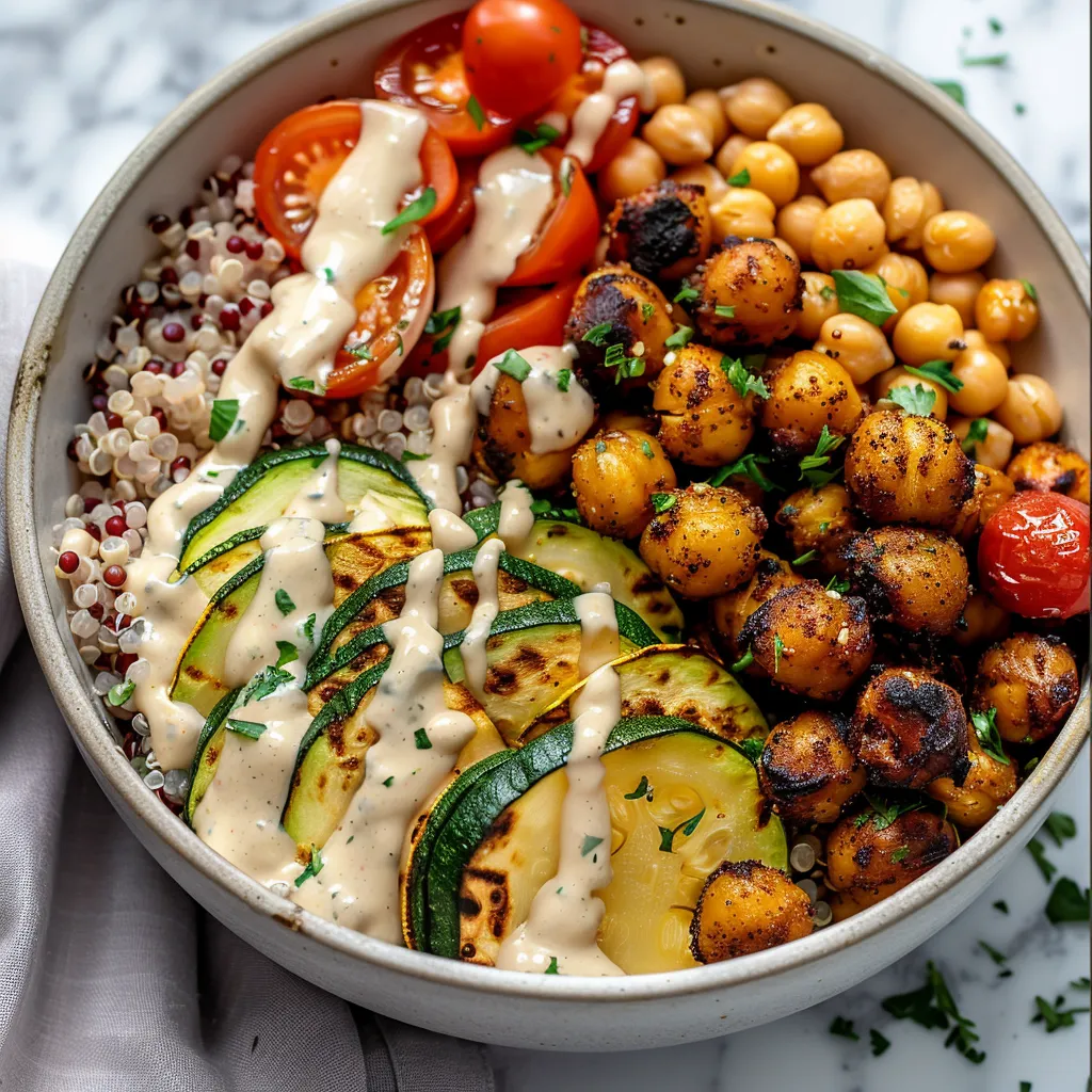 Vegetarische Bowl mit gerösteten Kichererbsen und Gemüse