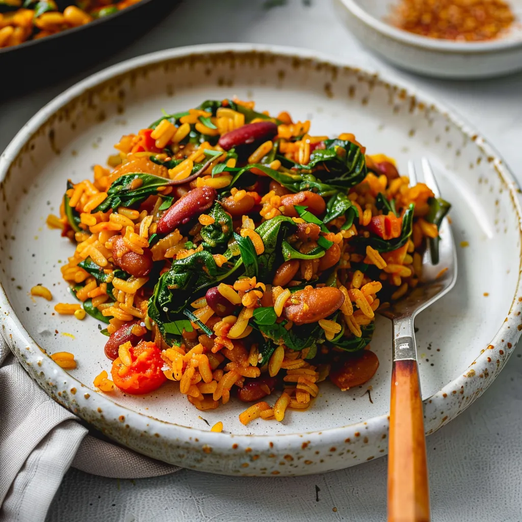 Veganes Pelau der Karibik mit Bohnen und Spinat