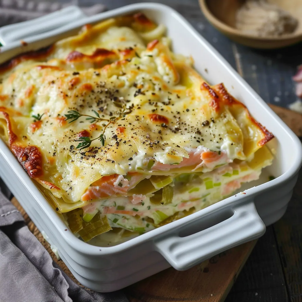 Lasagne mit Lachs, Lauch und Ziegenkäse