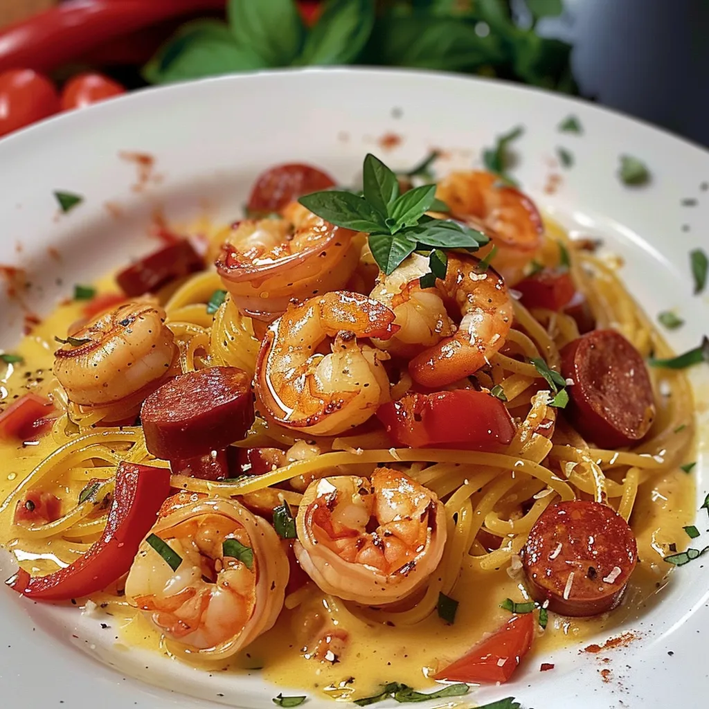 Spaghetti Köstlich mit Paprikasoße, Chorizo und Garnelen