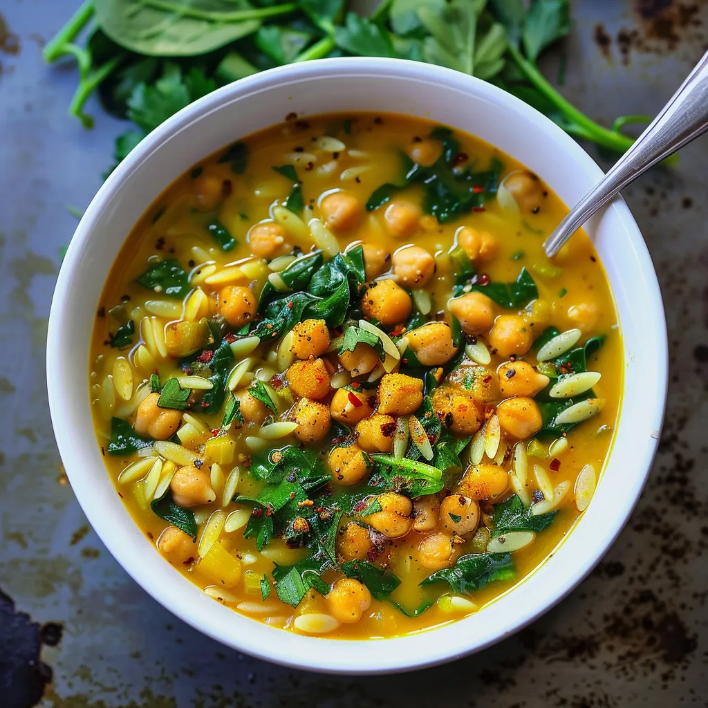 Rezept für Kurkuma-Suppe mit Kichererbsen, Risoni und Spinat