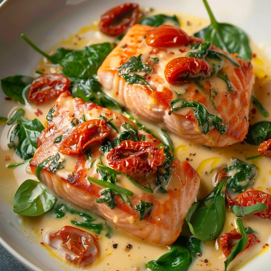 Toskanischer Lachs mit Spinat und getrockneten Tomaten in Sahnesauce