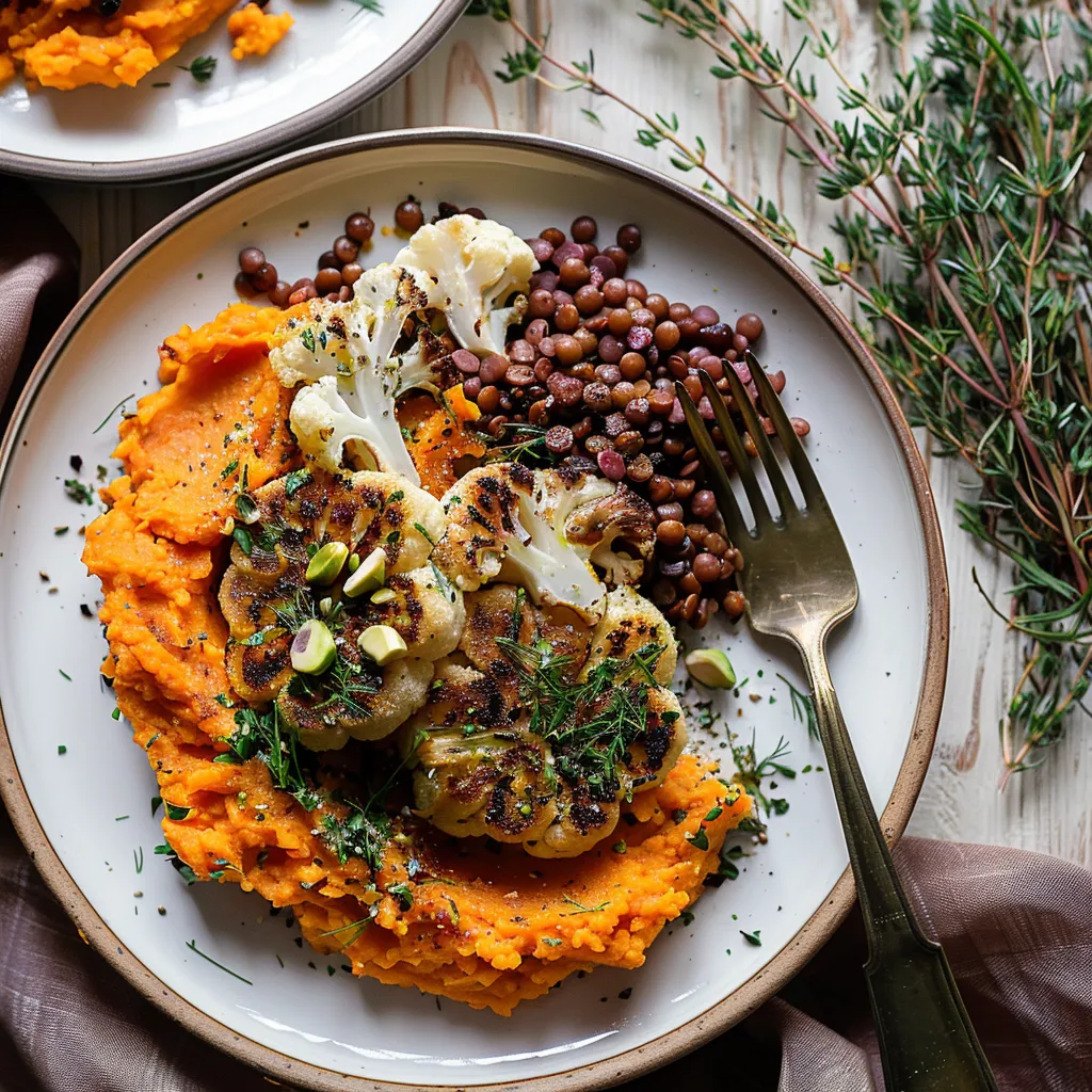 Veganes gebackenes Blumenkohl-Steak mit Süßkartoffelpüree