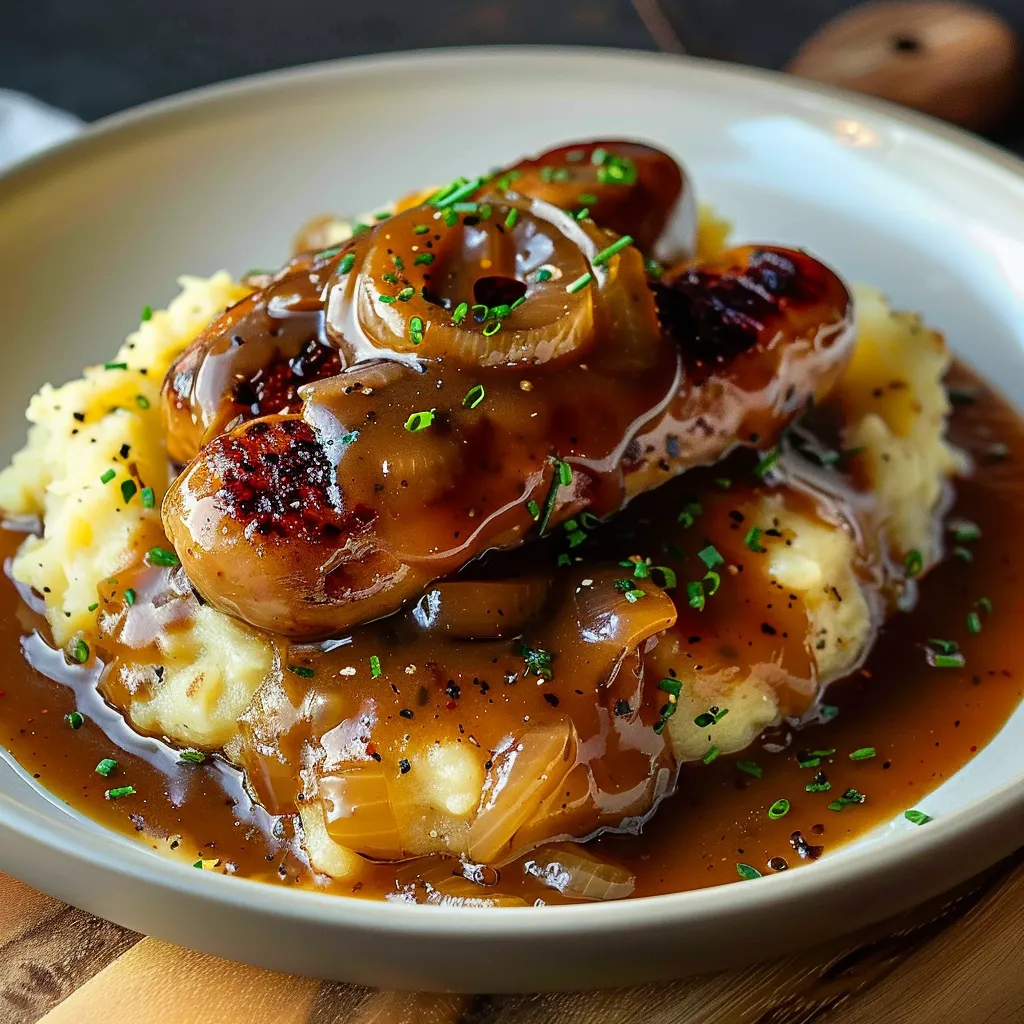 Bratwurst mit Kartoffelpüree und Zwiebelsauce