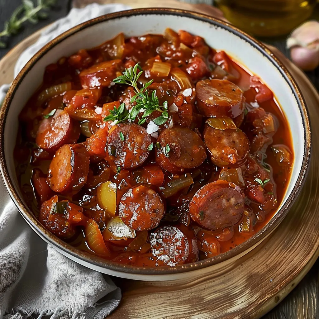 Geschmorte Bratwurst mit Tomatensauce