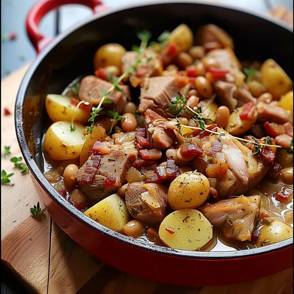 Geschmortes Schweinefleisch mit Bohnen, Kartoffeln und Speck