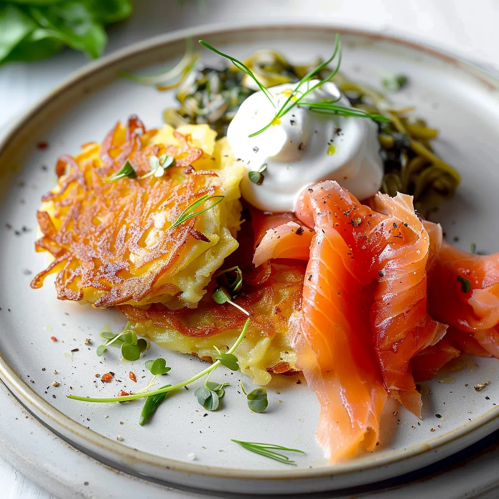 Knusprige Kartoffelröstis mit geräuchertem Lachs