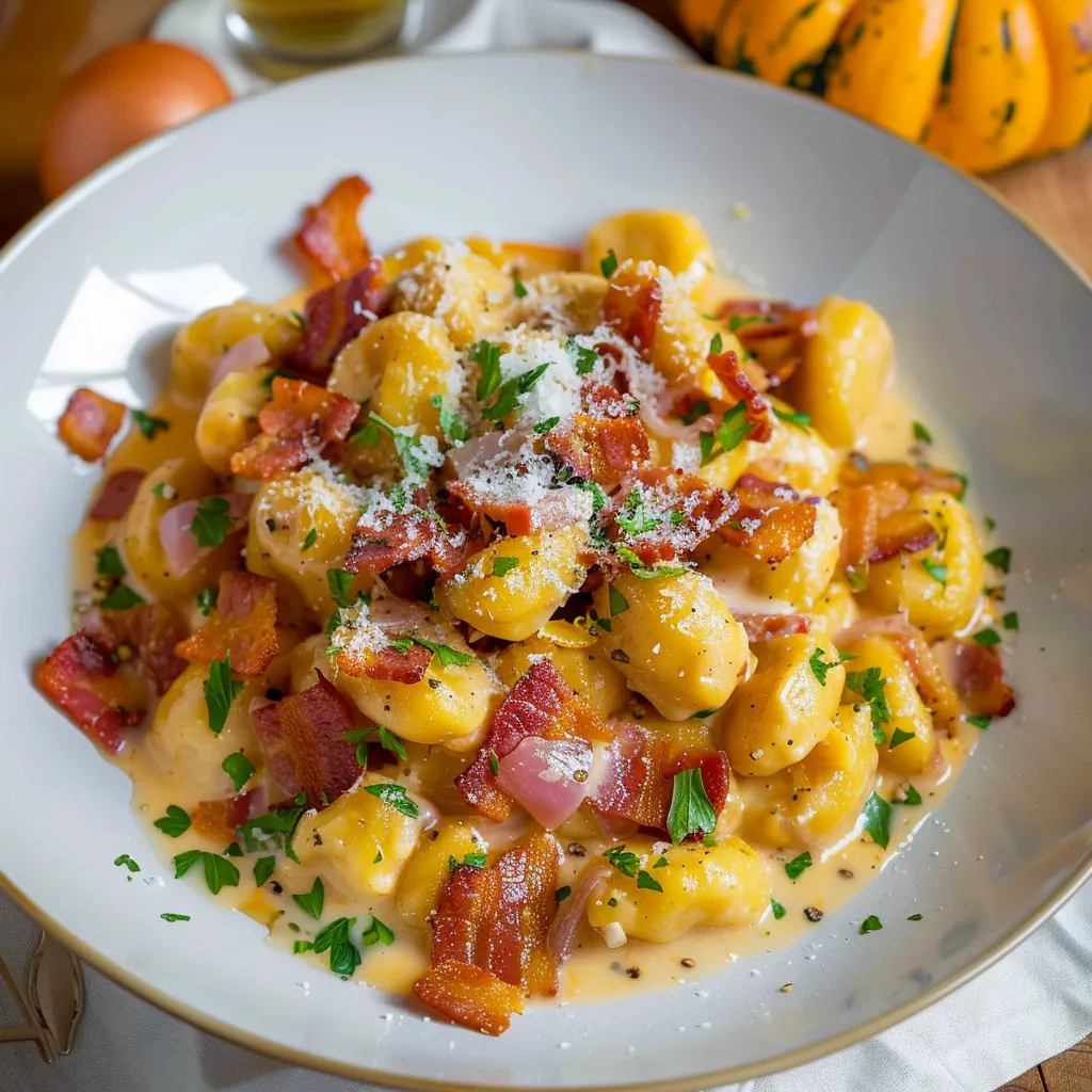 Gnocchi in cremiger Kürbissauce mit knusprigem Speck